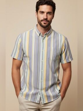 The Rail Blue and Yellow Striped Button-Down Cotton Short Sleeve Shirt